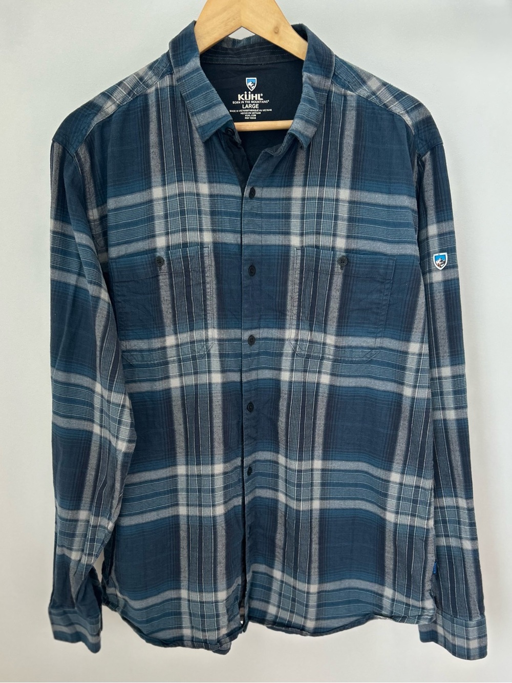 KÜHL Fugitive Flannel Shirt Men’s Large Blue Plaid Cotton Tencel Outdoor